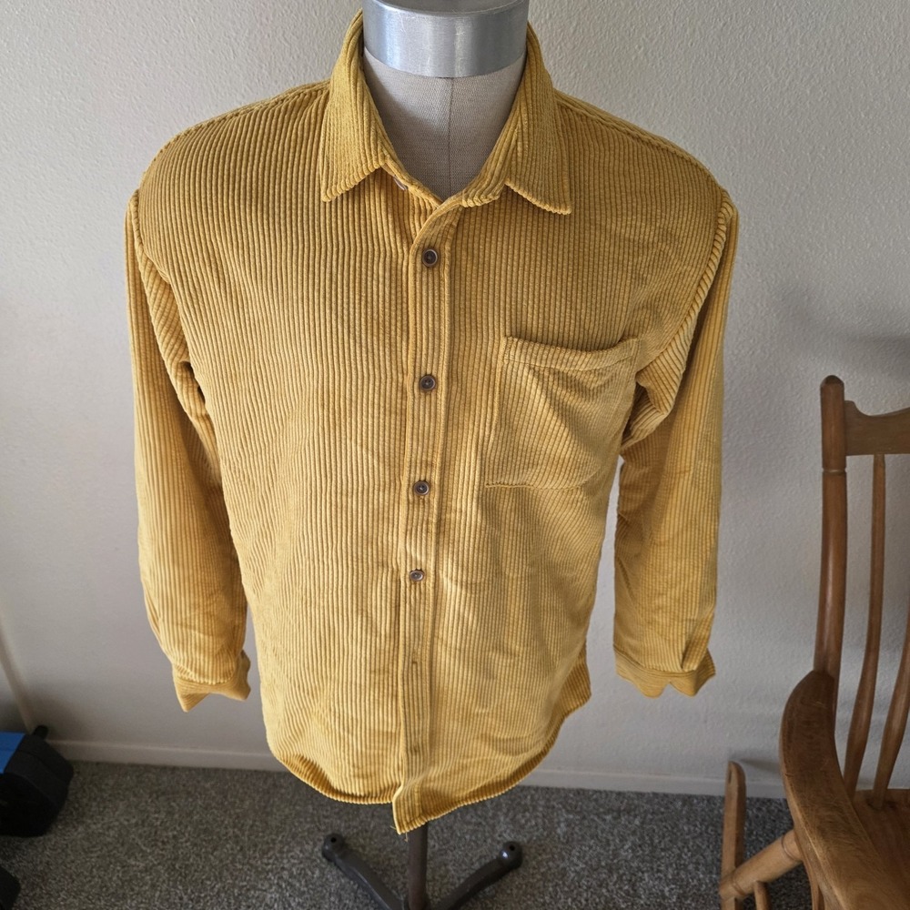 Forever 21 Men Corduroy Button Up Shirt Large Mustard Yellow Ribbed Long Sleeve